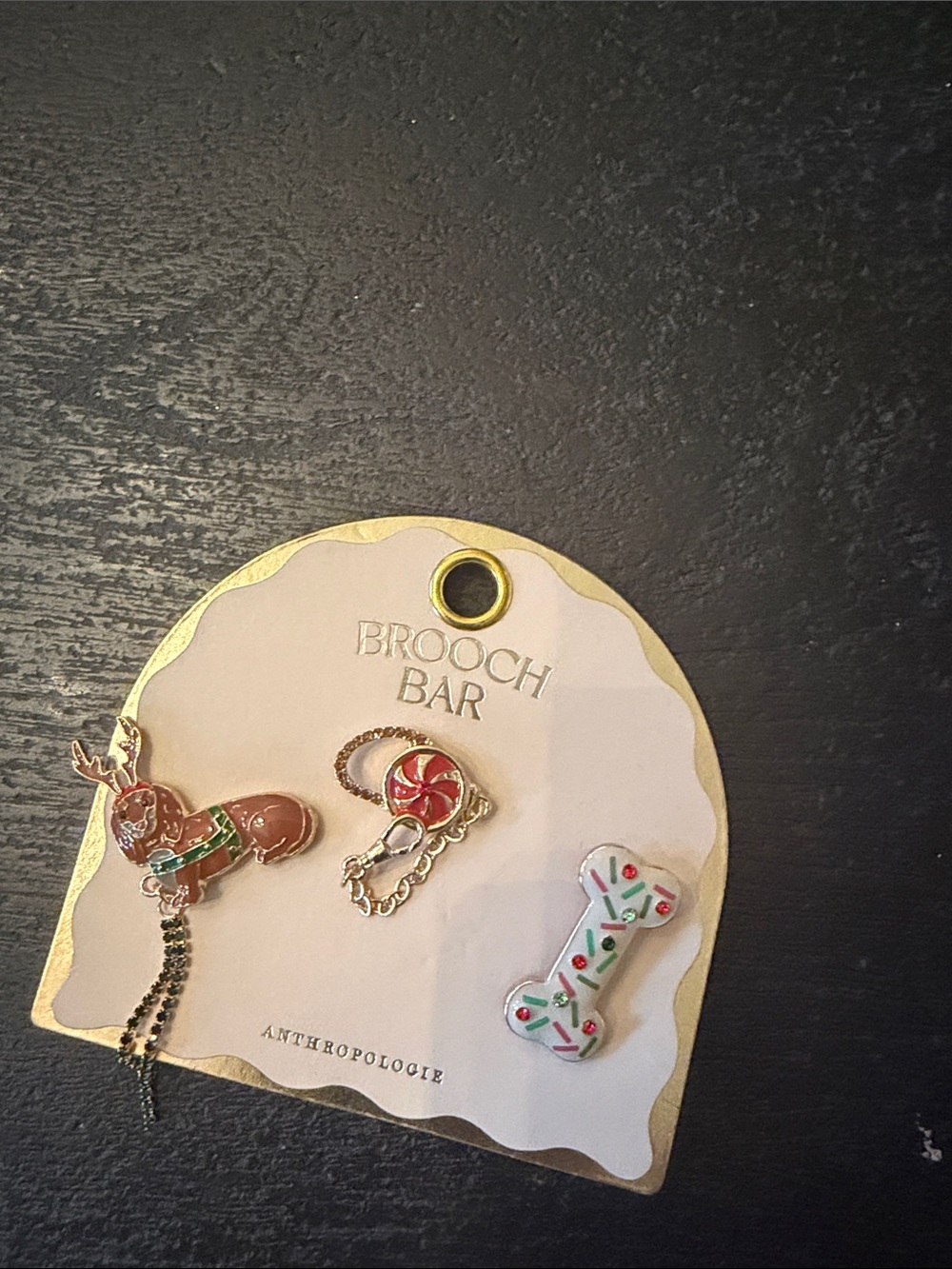 NWTAnthropologie Brown, Red, Green & White Holiday Brooch Set daschund bone pins